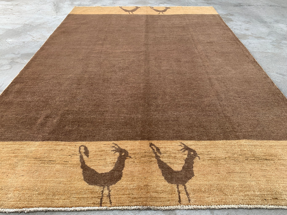 8'7 x 5'10 Hand-Knotted Peshawari Chobi Wool Rug - Brown Minimalist Bird Motif Area Rug - KBHM-620