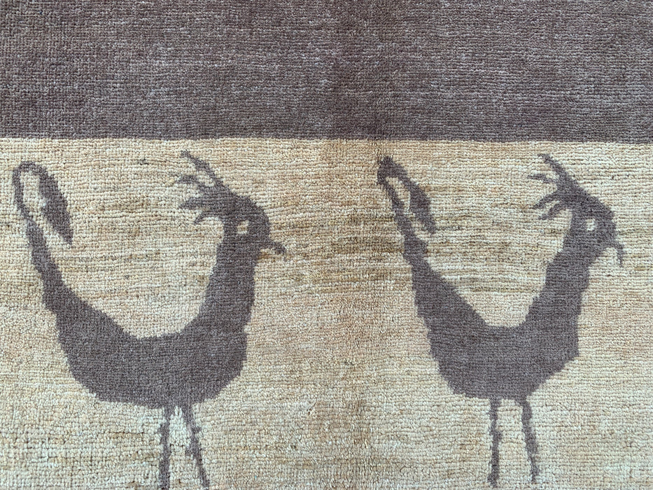 8'7 x 5'10 Hand-Knotted Peshawari Chobi Wool Rug - Brown Minimalist Bird Motif Area Rug - KBHM-620