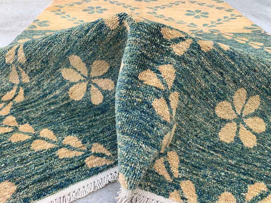 5'8 x 3'6 Hand-Knotted Peshawari Chobi Wool Rug - Teal Beige Geometric Floral Area Rug - KBHM-621