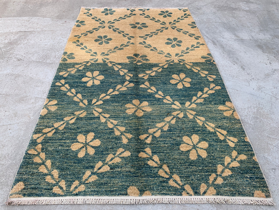 5'8 x 3'6 Hand-Knotted Peshawari Chobi Wool Rug - Teal Beige Geometric Floral Area Rug - KBHM-621