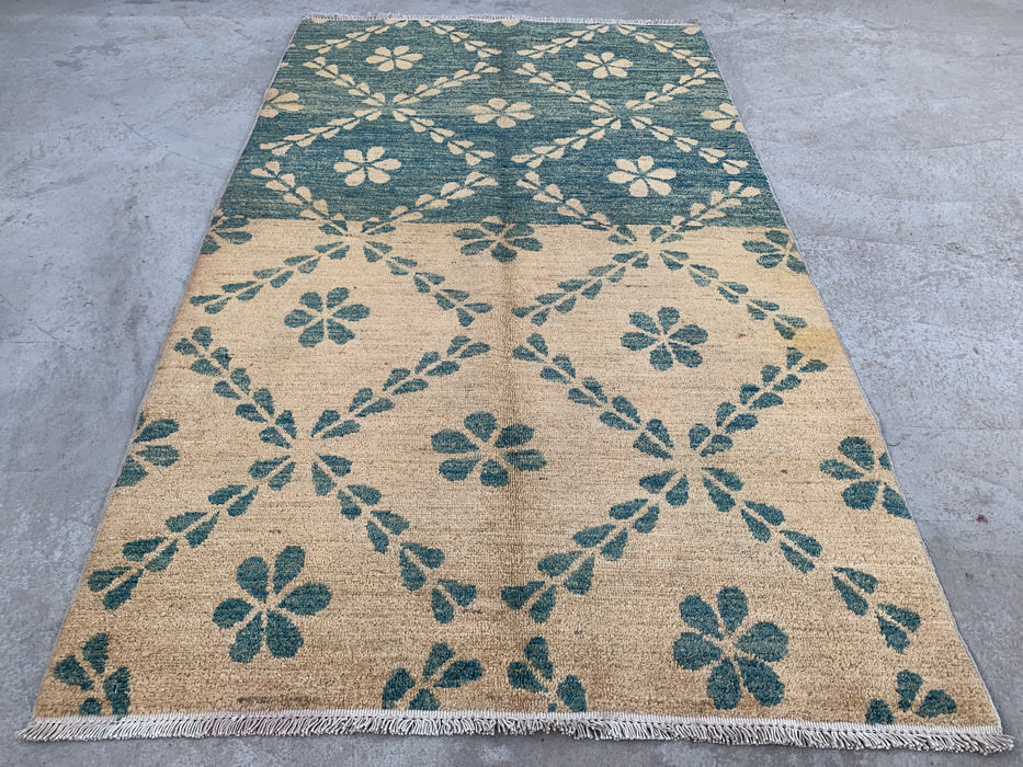 5'8 x 3'6 Hand-Knotted Peshawari Chobi Wool Rug - Teal Beige Geometric Floral Area Rug - KBHM-621