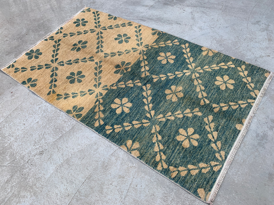 5'8 x 3'6 Hand-Knotted Peshawari Chobi Wool Rug - Teal Beige Geometric Floral Area Rug - KBHM-621