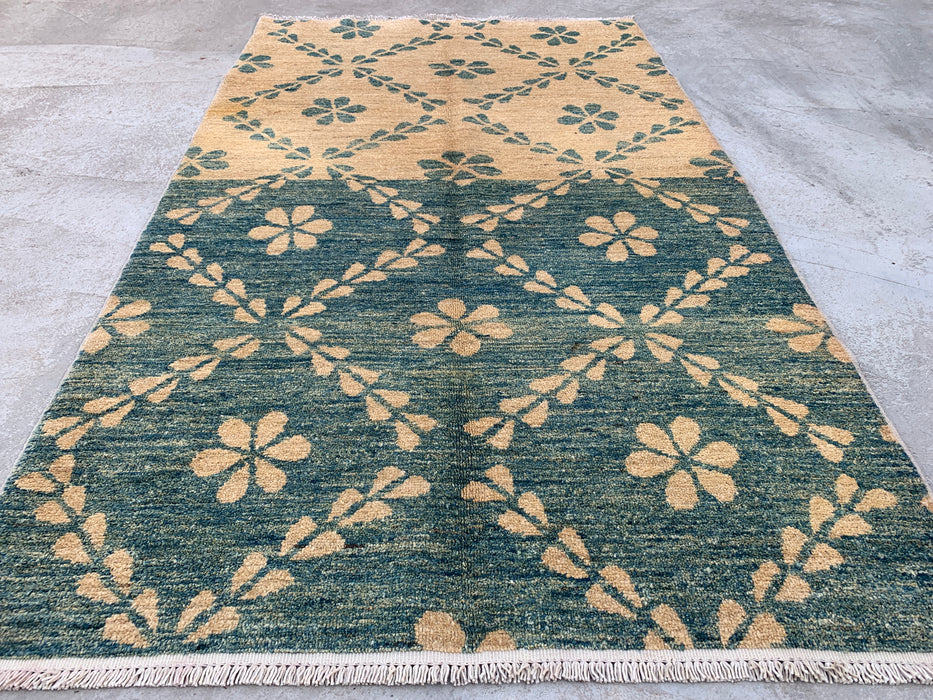 5'8 x 3'6 Hand-Knotted Peshawari Chobi Wool Rug - Teal Beige Geometric Floral Area Rug - KBHM-621