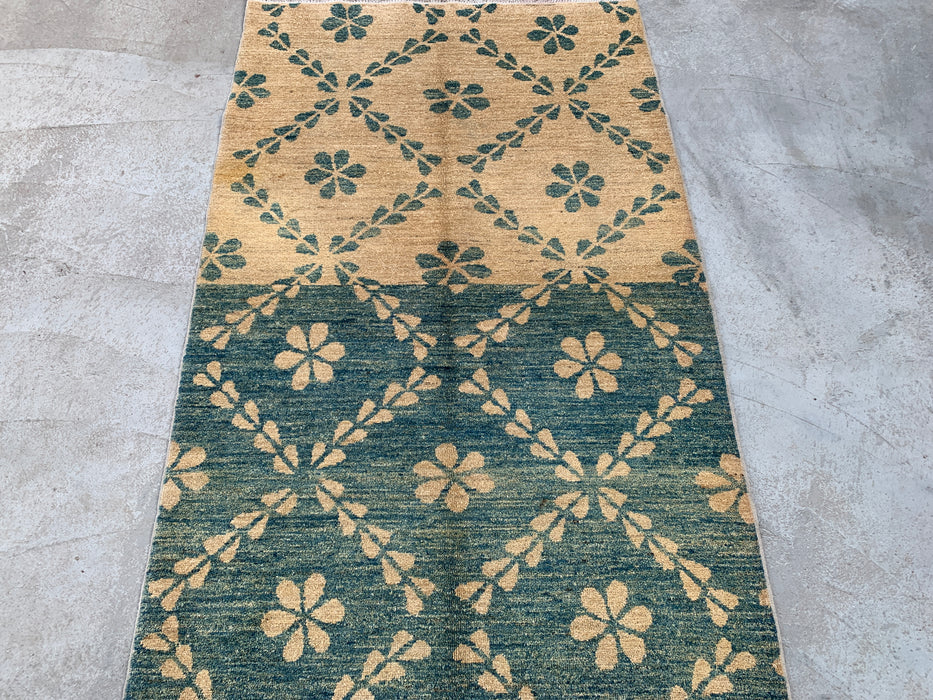 5'8 x 3'6 Hand-Knotted Peshawari Chobi Wool Rug - Teal Beige Geometric Floral Area Rug - KBHM-621