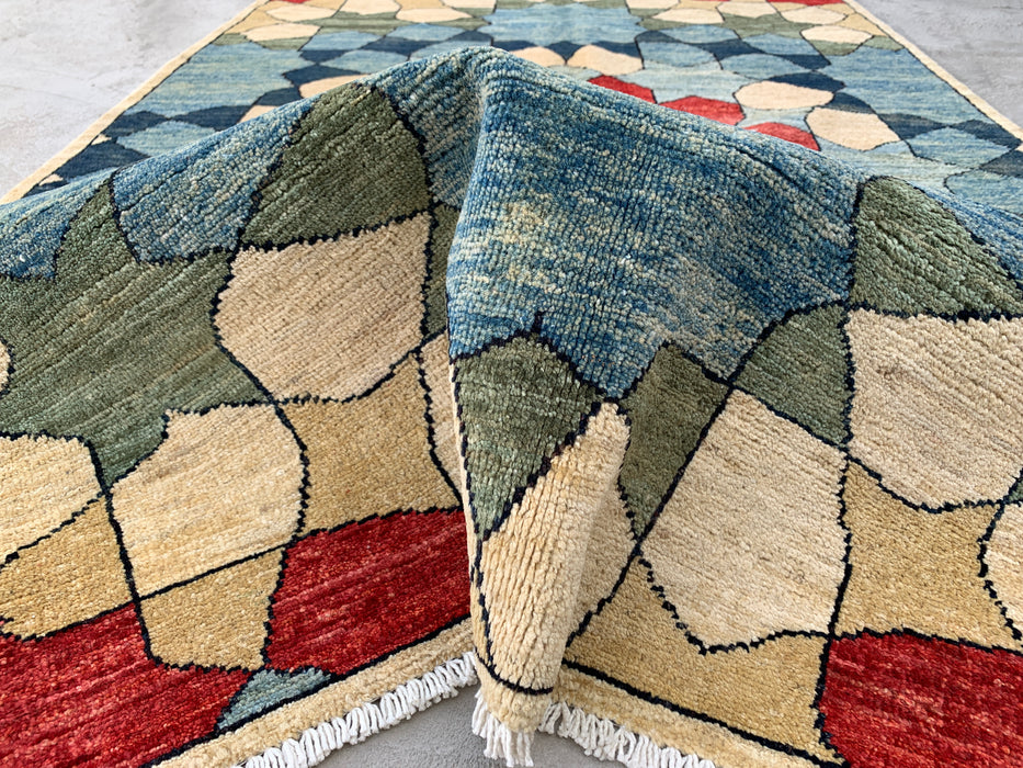 5'10 x 3'10 Hand-Knotted Peshawari Chobi Wool Rug - Blue Geometric Contemporary Area Rug - KBHM-622