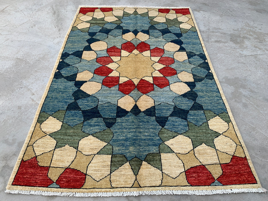 5'10 x 3'10 Hand-Knotted Peshawari Chobi Wool Rug - Blue Geometric Contemporary Area Rug - KBHM-622