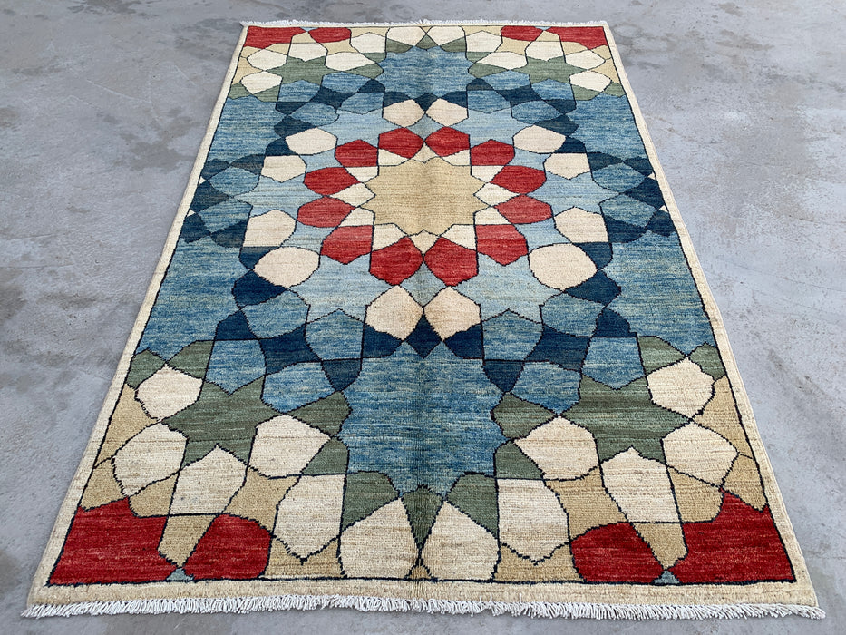 5'10 x 3'10 Hand-Knotted Peshawari Chobi Wool Rug - Blue Geometric Contemporary Area Rug - KBHM-622