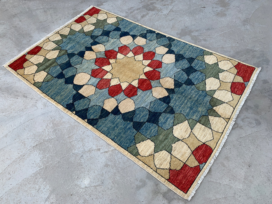 5'10 x 3'10 Hand-Knotted Peshawari Chobi Wool Rug - Blue Geometric Contemporary Area Rug - KBHM-622