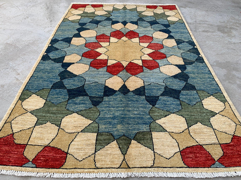 5'10 x 3'10 Hand-Knotted Peshawari Chobi Wool Rug - Blue Geometric Contemporary Area Rug - KBHM-622