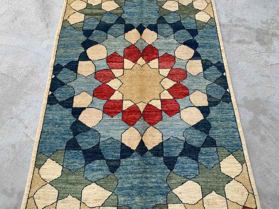 5'10 x 3'10 Hand-Knotted Peshawari Chobi Wool Rug - Blue Geometric Contemporary Area Rug - KBHM-622