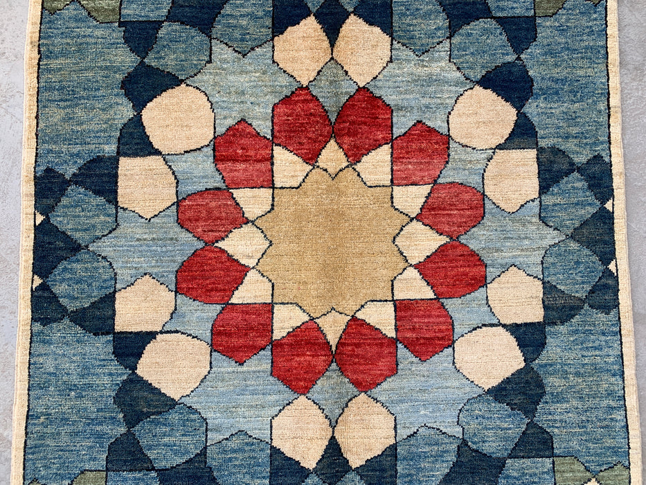 5'10 x 3'10 Hand-Knotted Peshawari Chobi Wool Rug - Blue Geometric Contemporary Area Rug - KBHM-622