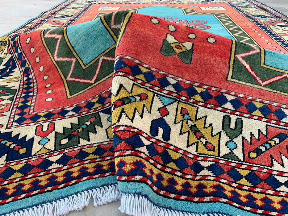 6'4 x 5'0 Hand-Knotted Peshawari Chobi Wool Rug - Turquoise Geometric Tribal Area Rug - KBHM-624