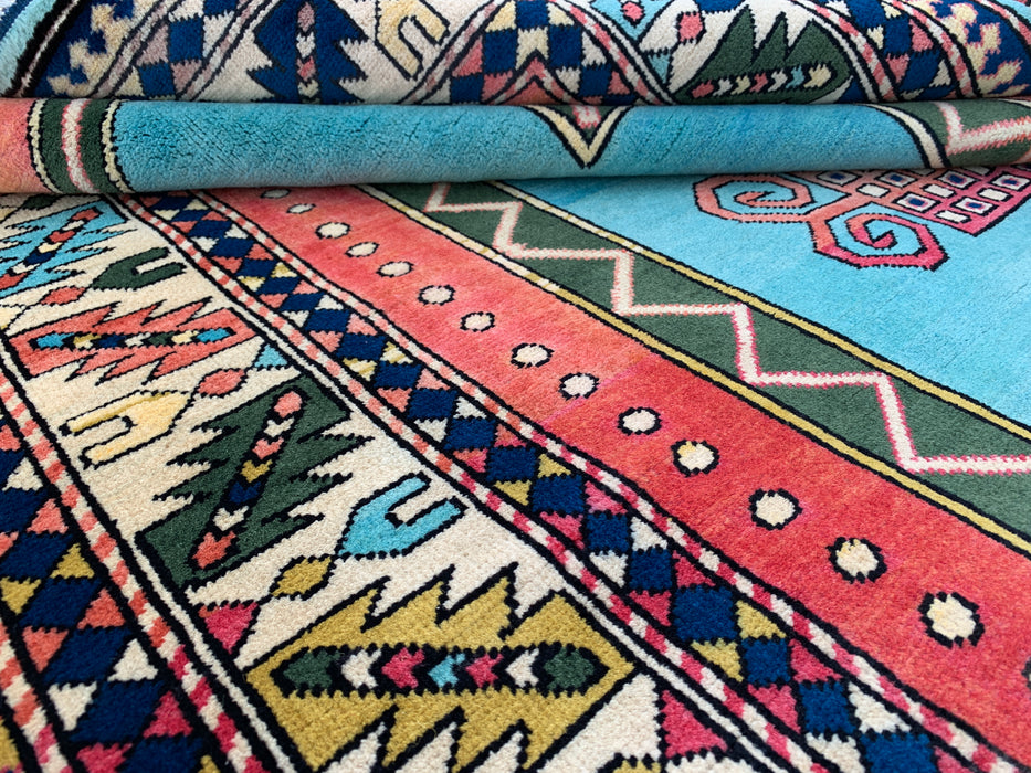 6'4 x 5'0 Hand-Knotted Peshawari Chobi Wool Rug - Turquoise Geometric Tribal Area Rug - KBHM-624