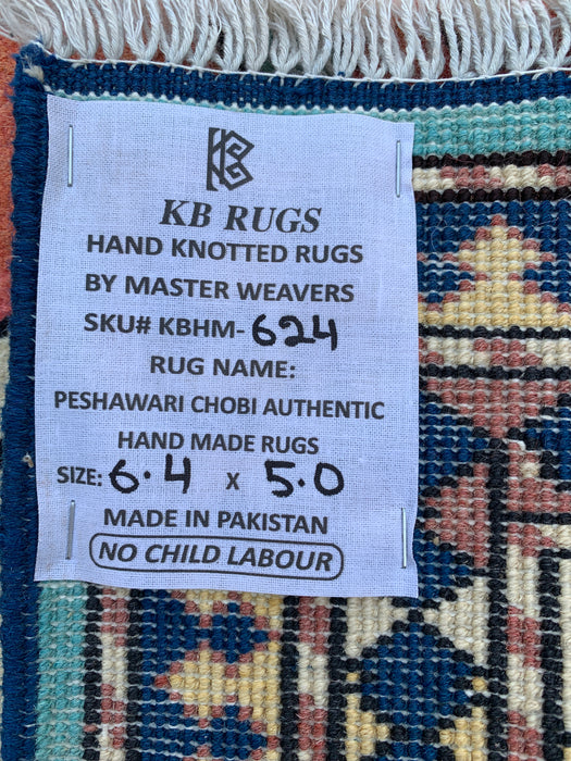 6'4 x 5'0 Hand-Knotted Peshawari Chobi Wool Rug - Turquoise Geometric Tribal Area Rug - KBHM-624