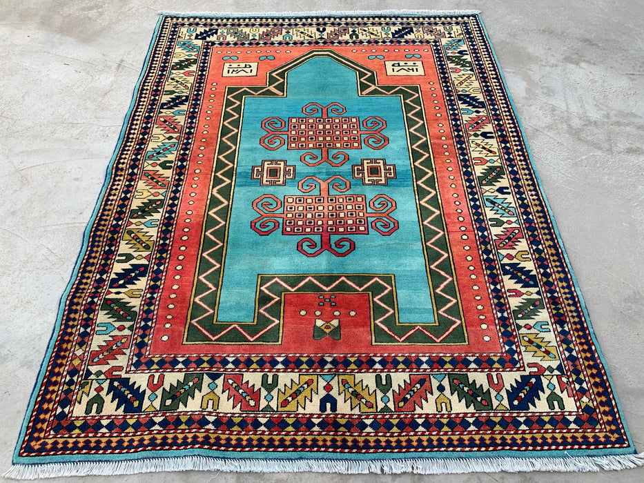 6'4 x 5'0 Hand-Knotted Peshawari Chobi Wool Rug - Turquoise Geometric Tribal Area Rug - KBHM-624