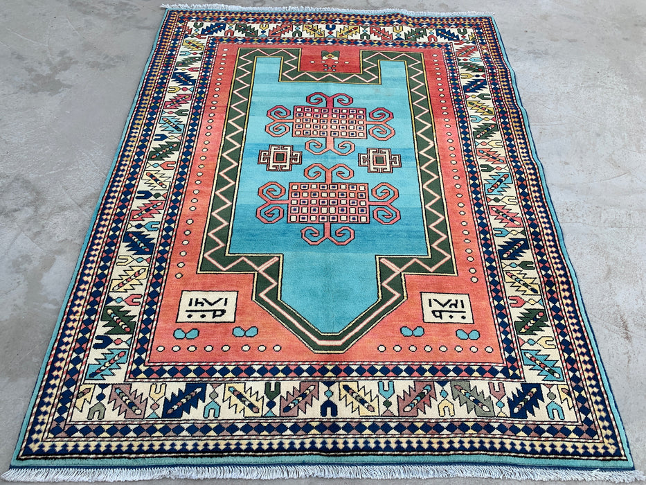 6'4 x 5'0 Hand-Knotted Peshawari Chobi Wool Rug - Turquoise Geometric Tribal Area Rug - KBHM-624
