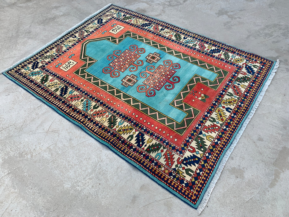 6'4 x 5'0 Hand-Knotted Peshawari Chobi Wool Rug - Turquoise Geometric Tribal Area Rug - KBHM-624