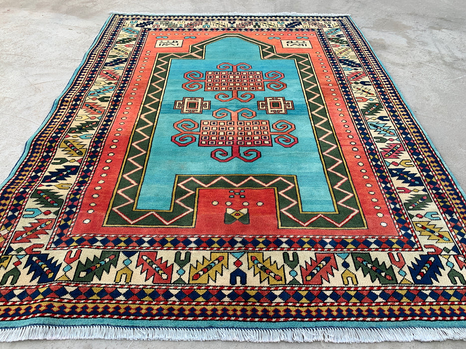 6'4 x 5'0 Hand-Knotted Peshawari Chobi Wool Rug - Turquoise Geometric Tribal Area Rug - KBHM-624