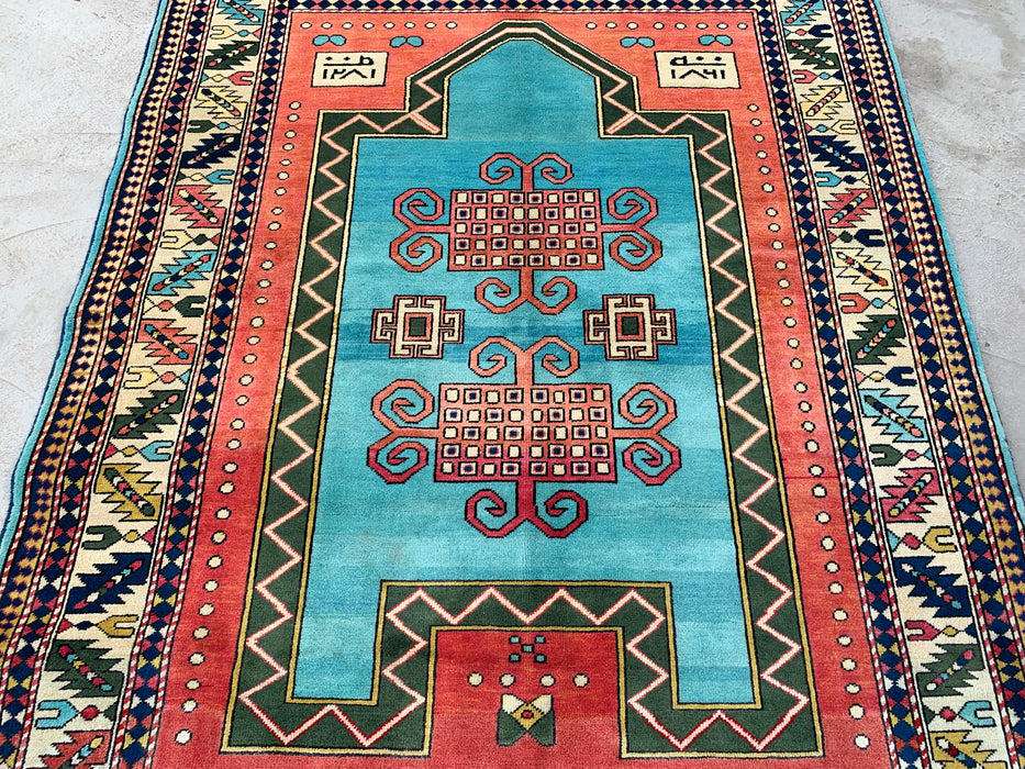 6'4 x 5'0 Hand-Knotted Peshawari Chobi Wool Rug - Turquoise Geometric Tribal Area Rug - KBHM-624