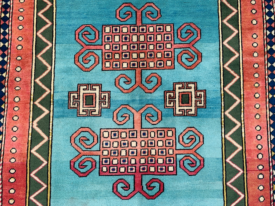 6'4 x 5'0 Hand-Knotted Peshawari Chobi Wool Rug - Turquoise Geometric Tribal Area Rug - KBHM-624