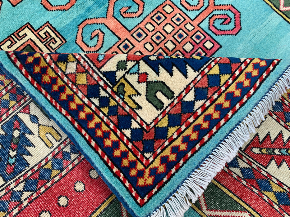 6'4 x 5'0 Hand-Knotted Peshawari Chobi Wool Rug - Turquoise Geometric Tribal Area Rug - KBHM-624
