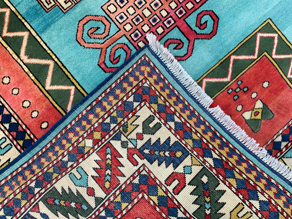 6'4 x 5'0 Hand-Knotted Peshawari Chobi Wool Rug - Turquoise Geometric Tribal Area Rug - KBHM-624