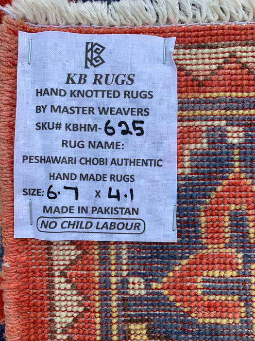 6'7 x 4'1 Hand-Knotted Peshawari Chobi Wool Rug - Red Tribal Geometric Area Rug - KBHM-625