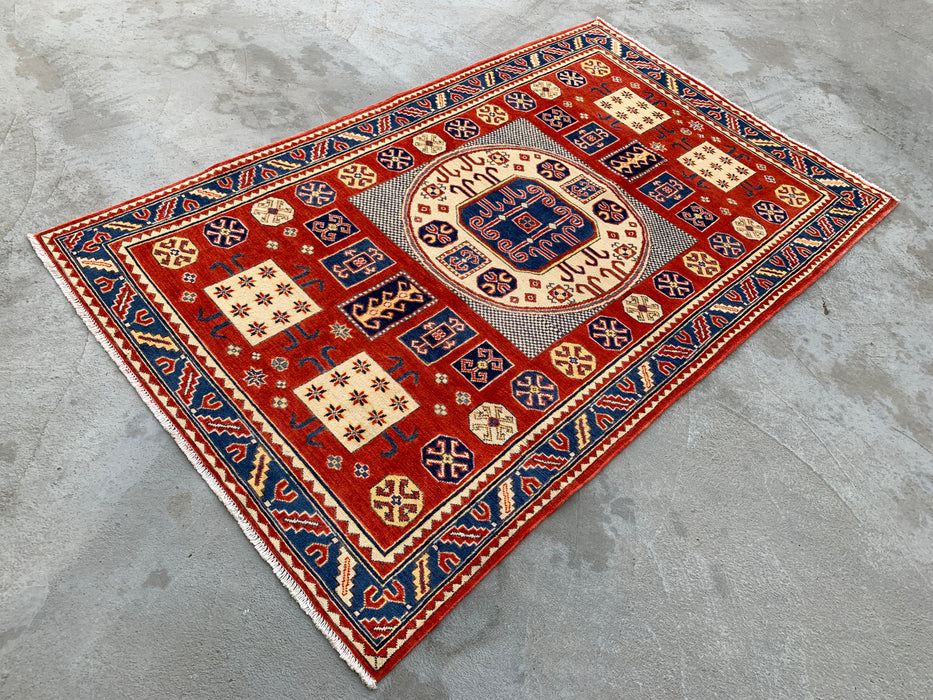 6'7 x 4'1 Hand-Knotted Peshawari Chobi Wool Rug - Red Tribal Geometric Area Rug - KBHM-625