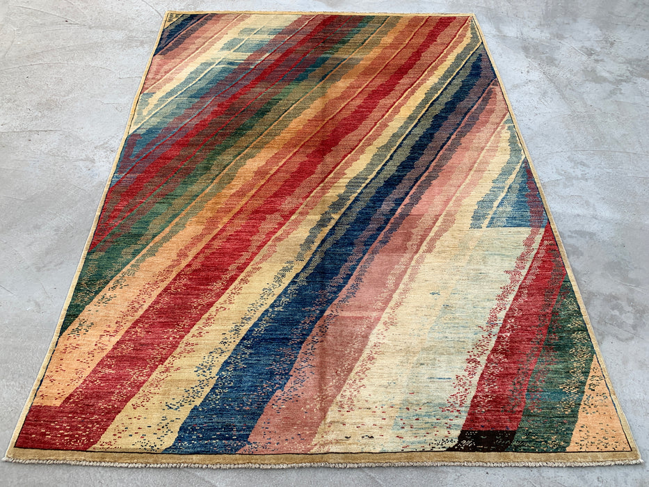 7'7 x 5'7 Hand-Knotted Peshawari Chobi Wool Rug - Multicolor Abstract Contemporary Area Rug - KBHM-628