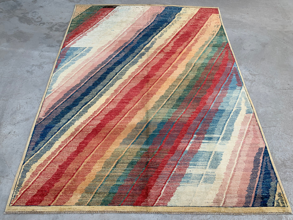 7'7 x 5'7 Hand-Knotted Peshawari Chobi Wool Rug - Multicolor Abstract Contemporary Area Rug - KBHM-628
