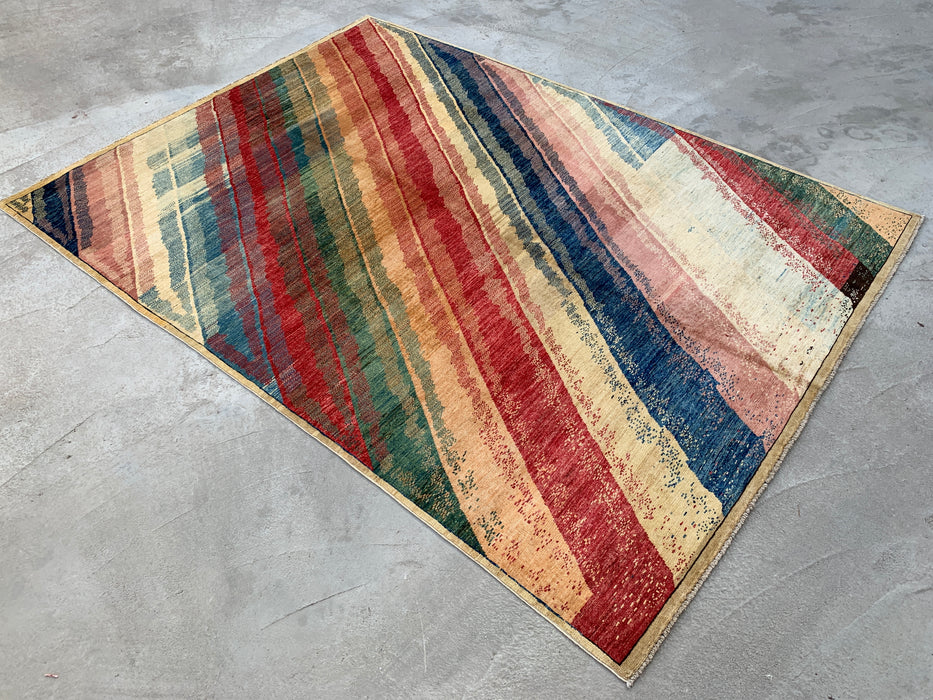 7'7 x 5'7 Hand-Knotted Peshawari Chobi Wool Rug - Multicolor Abstract Contemporary Area Rug - KBHM-628