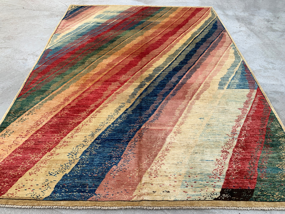 7'7 x 5'7 Hand-Knotted Peshawari Chobi Wool Rug - Multicolor Abstract Contemporary Area Rug - KBHM-628