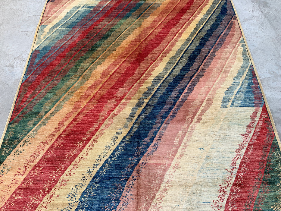 7'7 x 5'7 Hand-Knotted Peshawari Chobi Wool Rug - Multicolor Abstract Contemporary Area Rug - KBHM-628