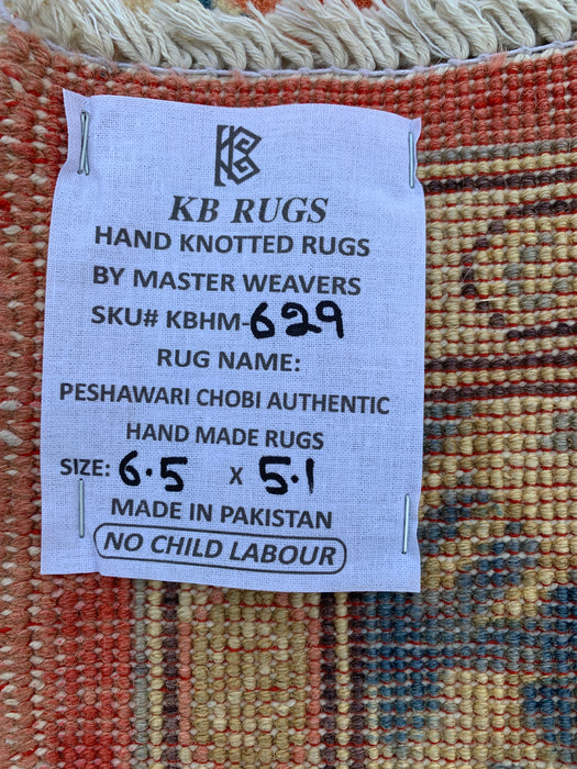 6'5 x 5'1 Hand-Knotted Peshawari Chobi Wool Rug - Orange Tribal Geometric Area Rug - KBHM-629
