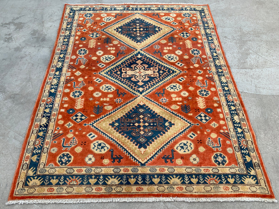 6'5 x 5'1 Hand-Knotted Peshawari Chobi Wool Rug - Orange Tribal Geometric Area Rug - KBHM-629