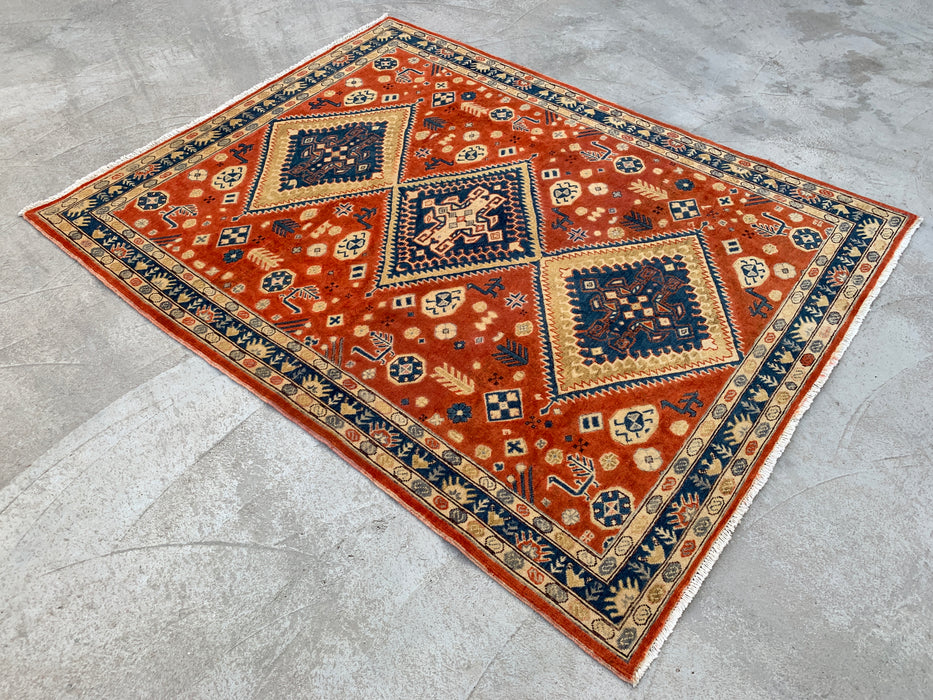6'5 x 5'1 Hand-Knotted Peshawari Chobi Wool Rug - Orange Tribal Geometric Area Rug - KBHM-629