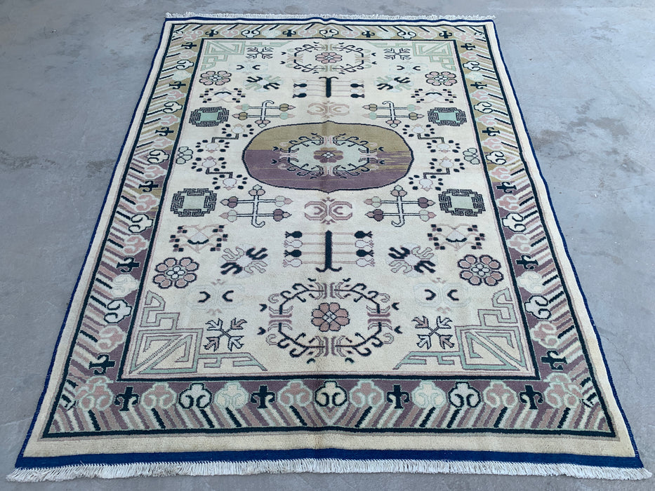 6'6 x 4'11 Hand-Knotted Peshawari Chobi Wool Rug - Ivory Geometric Tribal Area Rug - KBHM-630