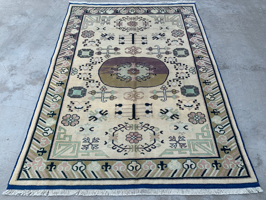 6'6 x 4'11 Hand-Knotted Peshawari Chobi Wool Rug - Ivory Geometric Tribal Area Rug - KBHM-630