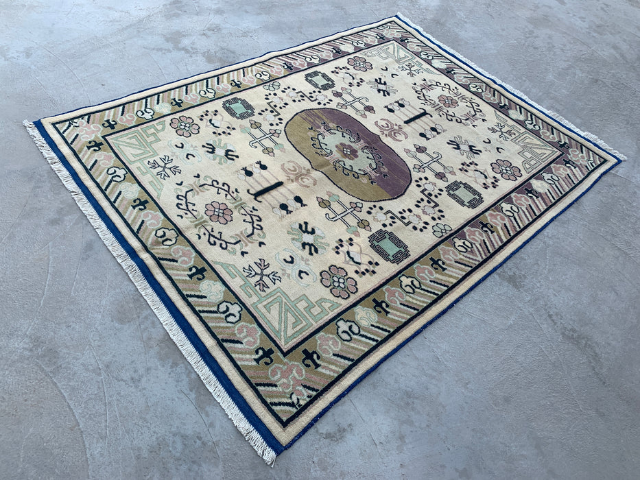 6'6 x 4'11 Hand-Knotted Peshawari Chobi Wool Rug - Ivory Geometric Tribal Area Rug - KBHM-630