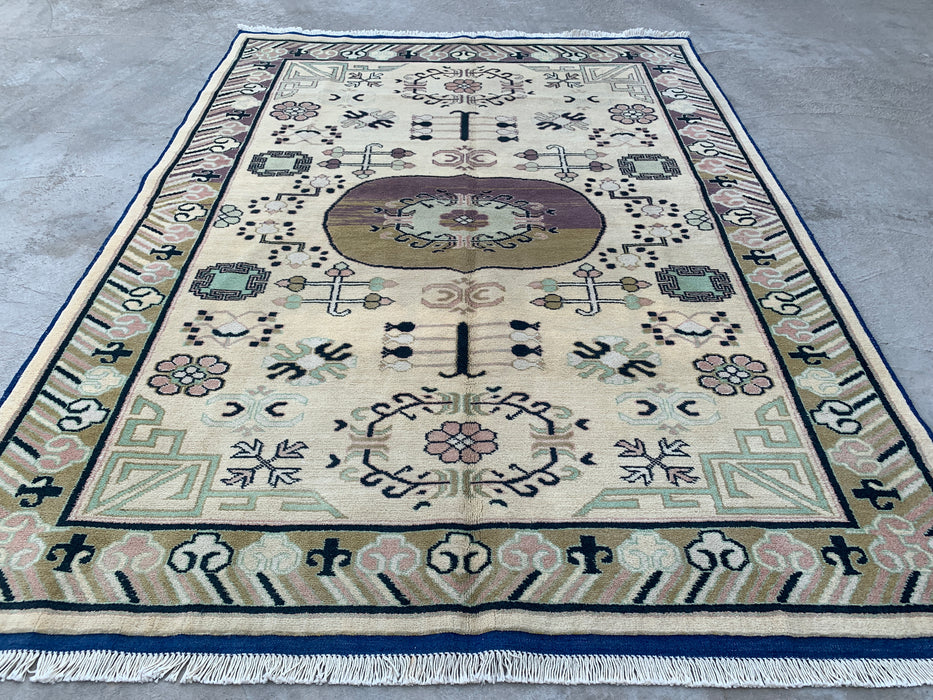 6'6 x 4'11 Hand-Knotted Peshawari Chobi Wool Rug - Ivory Geometric Tribal Area Rug - KBHM-630