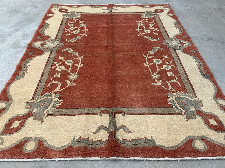 Handmade Persian Wool Area Rug 7x10 - Rust Traditional Open Field Chobi Style Rug - Exact Size 7'8" x 6'0" - KBHM-631