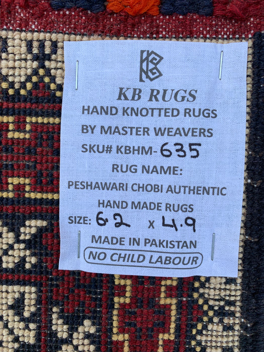 6'2 x 4'9 Hand-Knotted Peshawari Chobi Wool Rug - Ivory Tribal Geometric Area Rug - KBHM-635