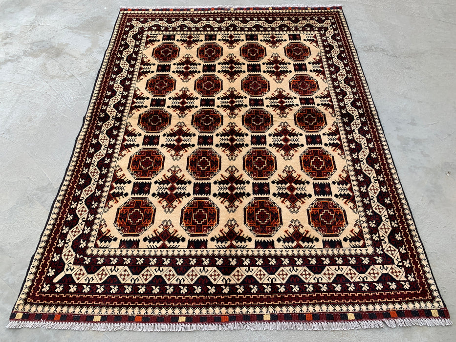 6'2 x 4'9 Hand-Knotted Peshawari Chobi Wool Rug - Ivory Tribal Geometric Area Rug - KBHM-635