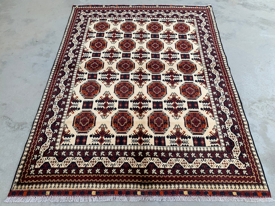 6'2 x 4'9 Hand-Knotted Peshawari Chobi Wool Rug - Ivory Tribal Geometric Area Rug - KBHM-635
