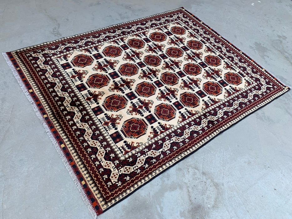 6'2 x 4'9 Hand-Knotted Peshawari Chobi Wool Rug - Ivory Tribal Geometric Area Rug - KBHM-635