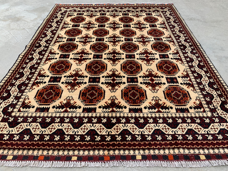 6'2 x 4'9 Hand-Knotted Peshawari Chobi Wool Rug - Ivory Tribal Geometric Area Rug - KBHM-635