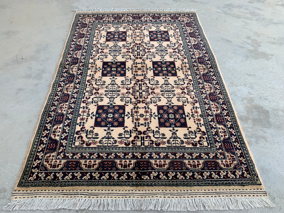 4'10 x 3'3 Hand-Knotted Peshawari Chobi Wool Rug - Ivory Tribal Geometric Area Rug - KBHM-636