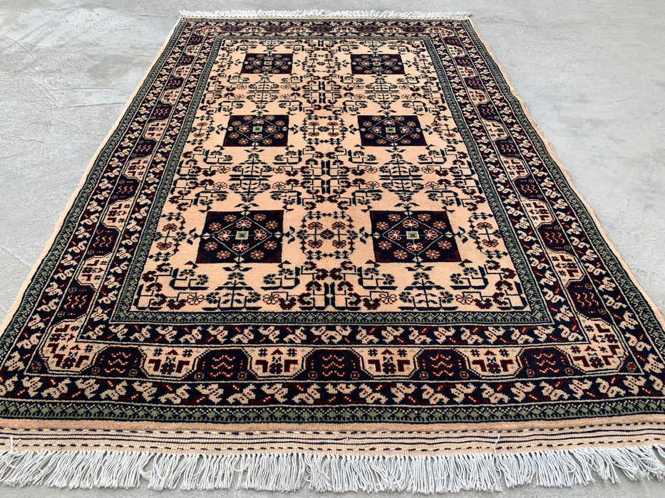 4'10 x 3'3 Hand-Knotted Peshawari Chobi Wool Rug - Ivory Tribal Geometric Area Rug - KBHM-636