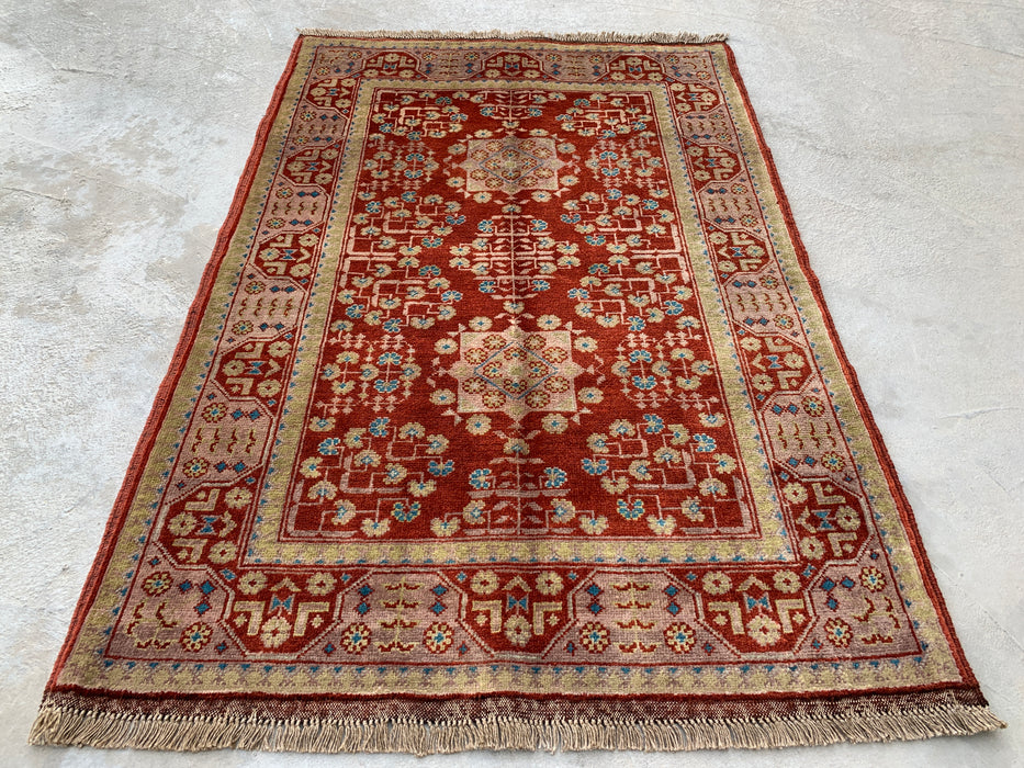 3'11 x 2'8 Hand-Knotted Peshawari Chobi Wool Rug - Red Tribal Geometric Accent Rug - KBHM-637