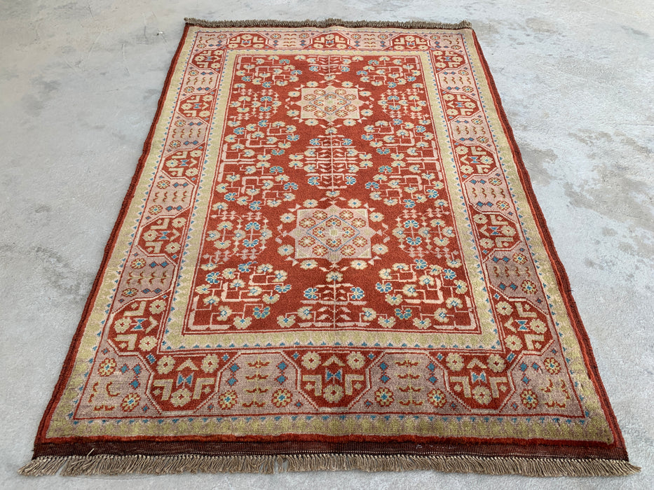 3'11 x 2'8 Hand-Knotted Peshawari Chobi Wool Rug - Red Tribal Geometric Accent Rug - KBHM-637